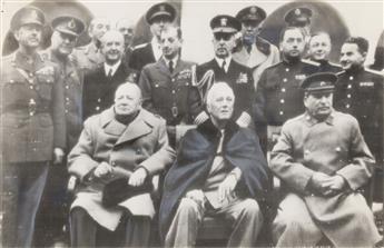 (WWII--YALTA AND ATLANTIC CONFERENCES) A group of 3 photographs, two of Winston Churchill, Franklin D. Roosevelt, and Josef Stalin at Y